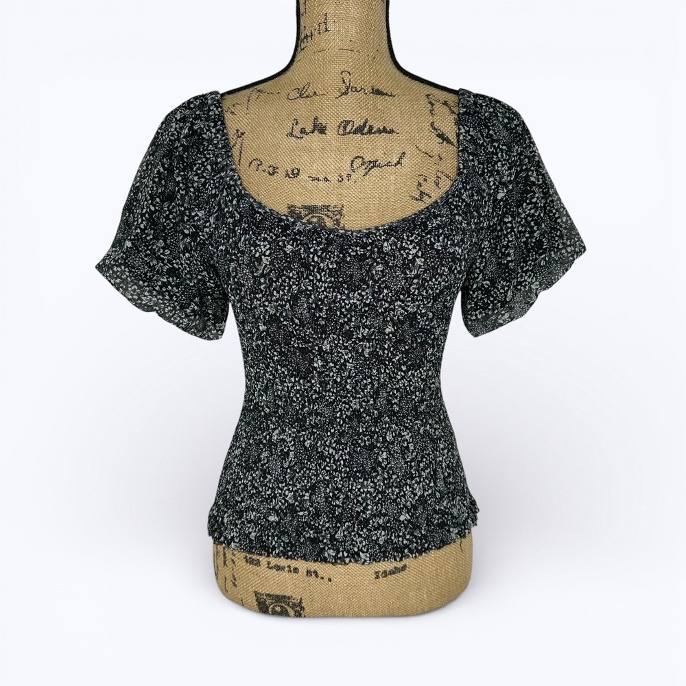 Anthropologie Aurelia Smocked Mesh Top Black White Ditsy Floral Puff Sleeve Sz S